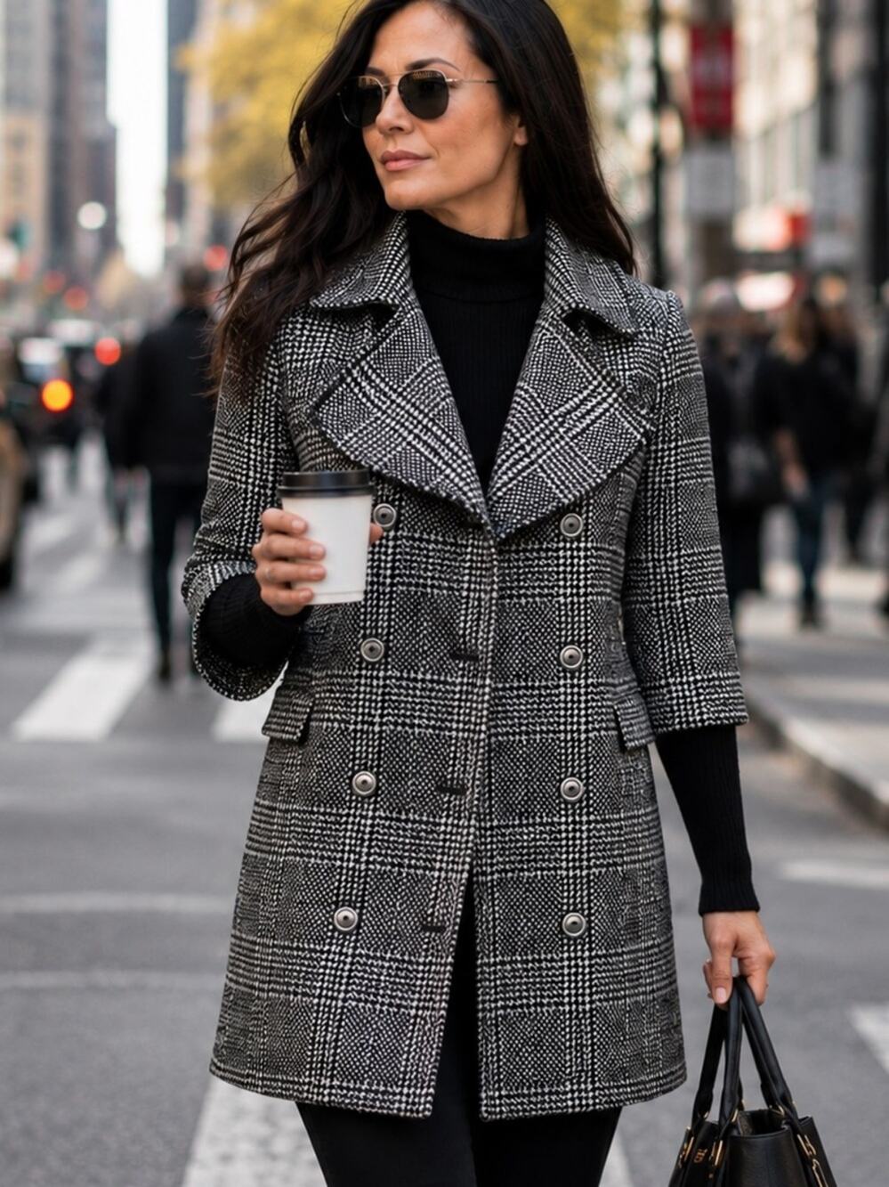 Houndstooth Double Breasted Trench Coat Black White Purple M